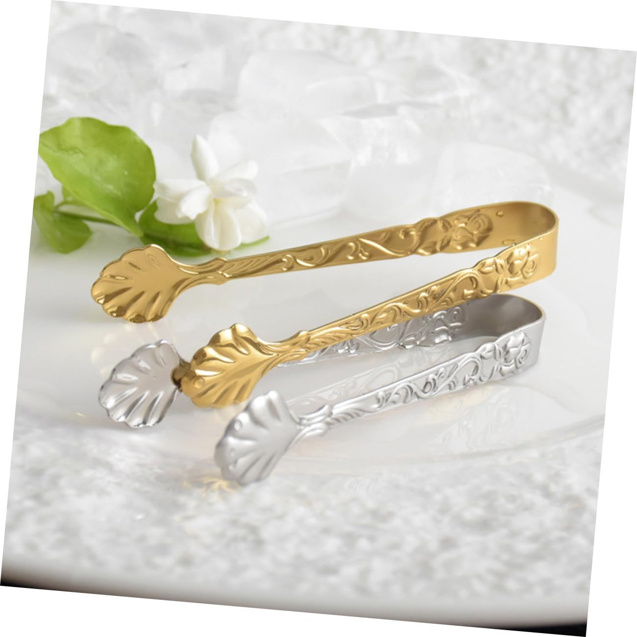 TIDTALEO 2Pcs Stainless Steel Ice Cube Tongs with Rose Relief Pattern Portable Multi-functional Sugar Cube Clamp for Tea Party Bar Buffet and Kitchen Use Lightweight Food Tong