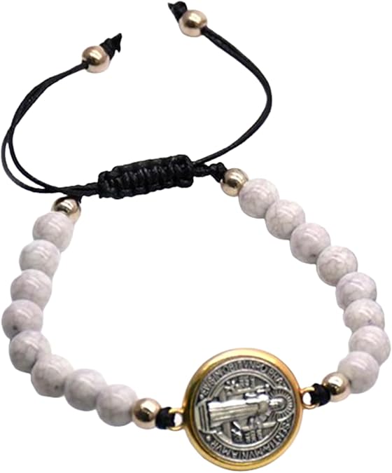 St Benedict Bracelet Catholic Bracelet Adjustable String Medal Religious Bracelets for Men Women Beige