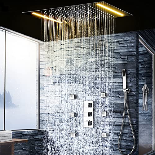 Cascada Recessed Thermostatic 14 x 20 Inch LED Shower system with 3 Way Mixer & 3 function (Rainfall, Body Jets & hand Shower) (Polished Gold) miniatura 2