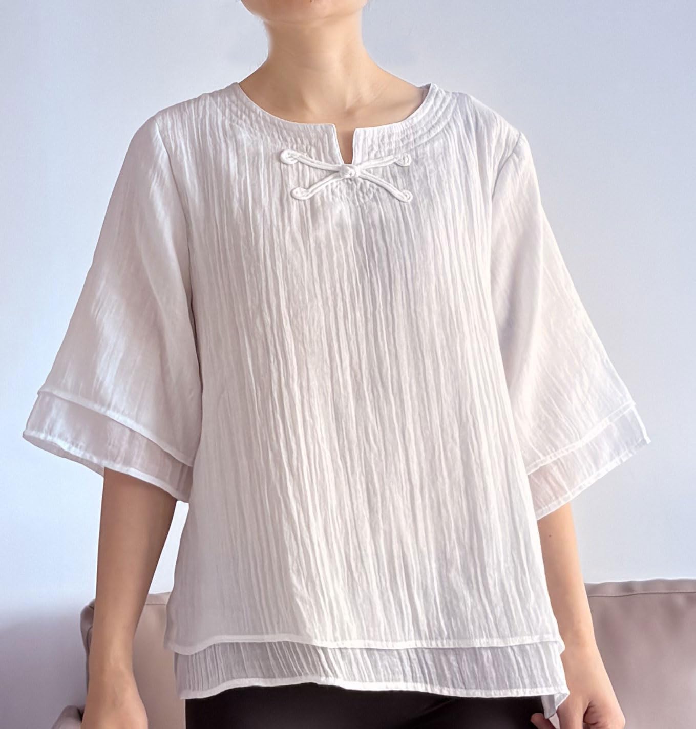 Minibee Women's Cotton Linen Shirts Summer 3/4 Length Sleeve Tops Chinese Frog Casual Blouse - Image 2