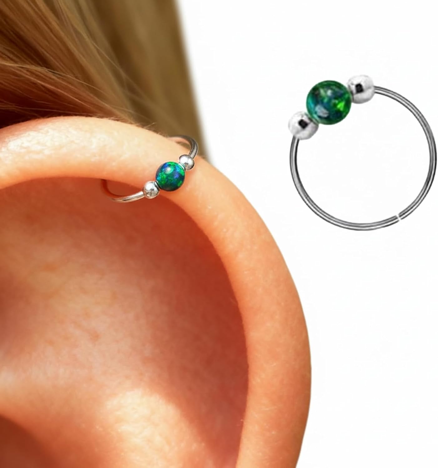 Lugasis FINE JEWELRY Silver Helix Cartilage Piercing - Handmade Sterling Silver Helix Ring with a 3mm Dark Green Opal - 8mm Thin 20 Guage Silver Piercing Hoop