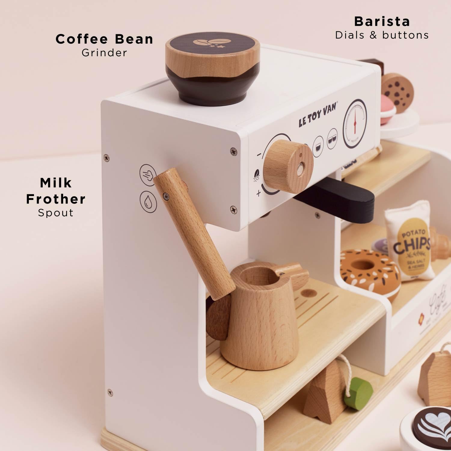 Petit Jour Machine à Café Barista en Bois FSC, Set de Jeu pour Enfants 3+, 40,7 x 15 x 31,5 cm, avec Accessoires de Coffee Shop, Caisse et Gourmandises