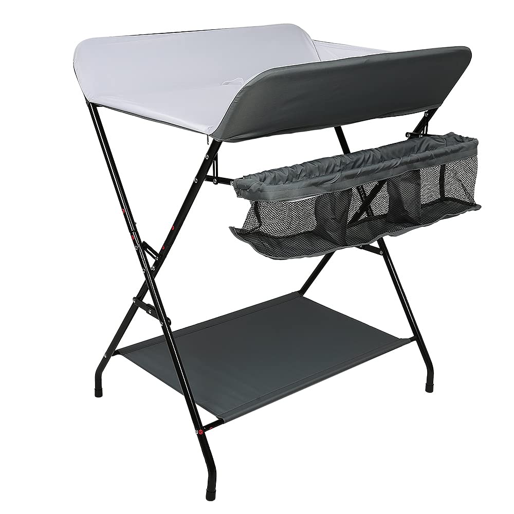 Mueble Cambiador Bebe Plegable y Portátil, Cambiador con 4 Ruedas, Patrón de Jirafa, Ajuste de Altura, 80 * 66 * 92-98cm (B-blanco roto)