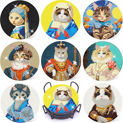 Puraikcmi 8PCs Diamond Paintings Coasters Kits Set, Funny Cat Diamond Art Coasters with Holder, DIY Crafts Diamond Art Kits Adult Craft Diamond Dots Gift