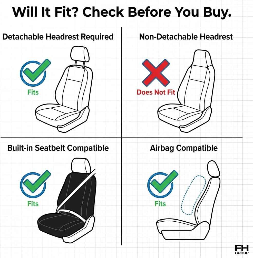 FH Group Car Seat Covers All-Purpose Built-in Seatbelt Front Set - Universal Fit for Cars, Trucks & SUVs (Black) FB351102