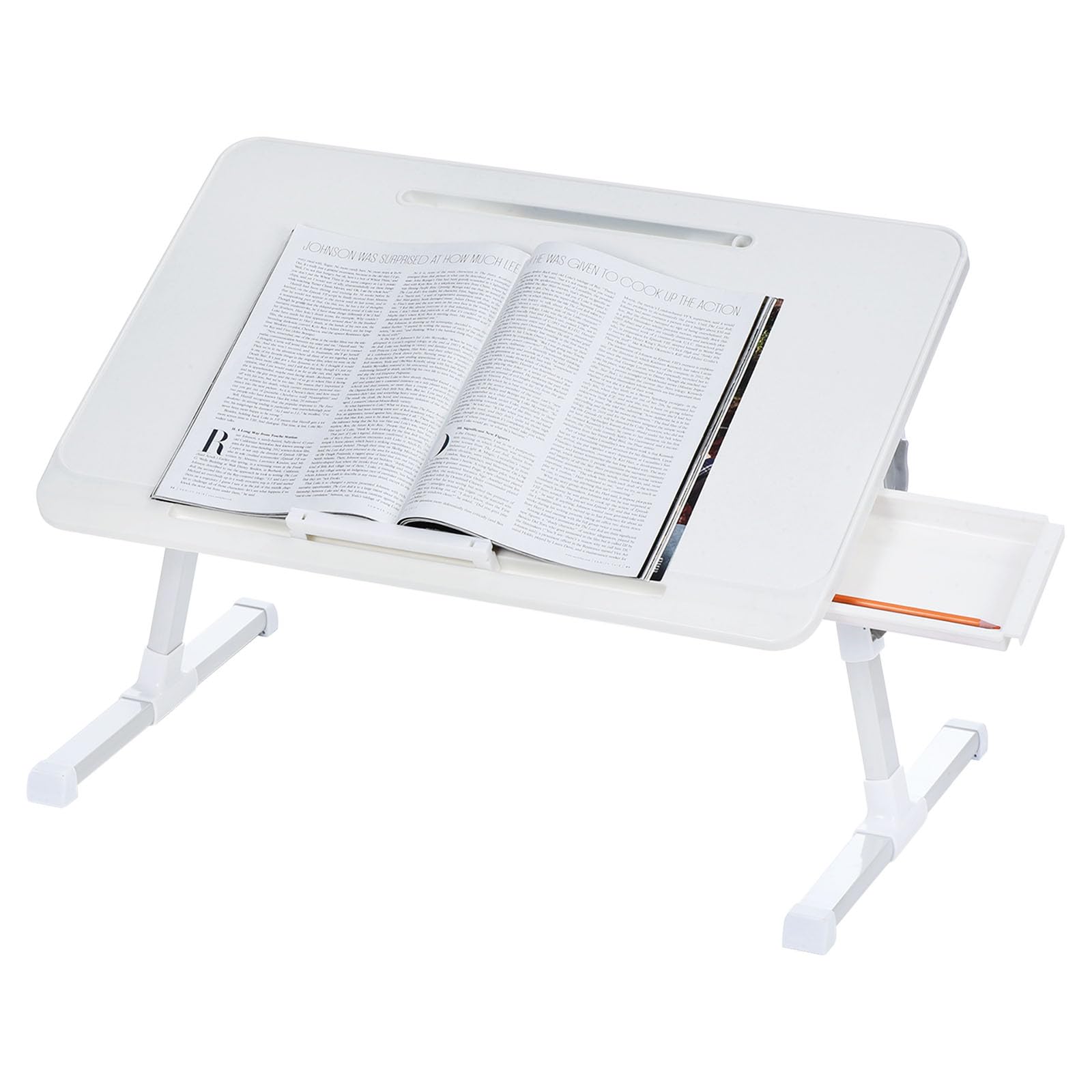 PATIKIL Laptop Bed Tray Table, 23.6"x15.7", Foldable Lap Desk with Storage Drawer, Adjustable Bed Desk for Laptop Bed Working, Eating, Writing, Gaming, Drawing, White