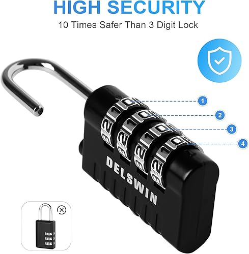 Miniatura 5 de DELSWIN - Candado de combinación de 4 dígitos pequeño - 4 piezas de candado combinado reajustable para casillero de escuela y gimnasio, exteriores,