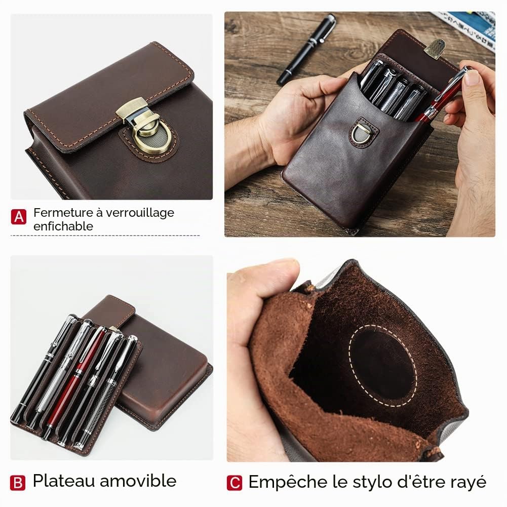 CONTACTS Étui à stylos vintage en cuir véritable pour 5 stylos, étui de protection pour voyage, accessoire de bureau élégant, boîte de rangement pour crayons