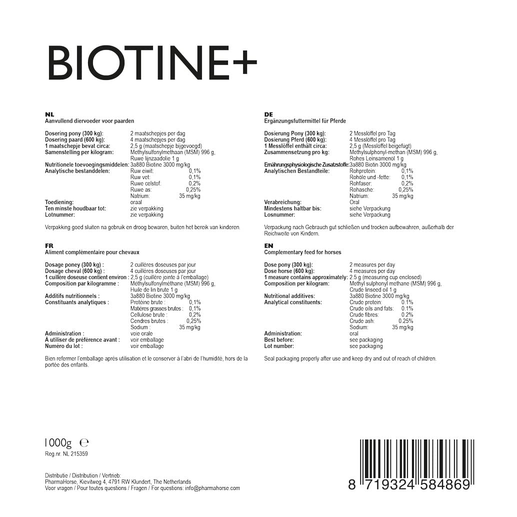 PharmaHorse Biotine+ | Biotine Cheval | Croissance cellulaire Cheval | Peau & Fonctions nerveuses | Métabolisme énergétique | Pas de sucres ajoutés | 1000 grammes