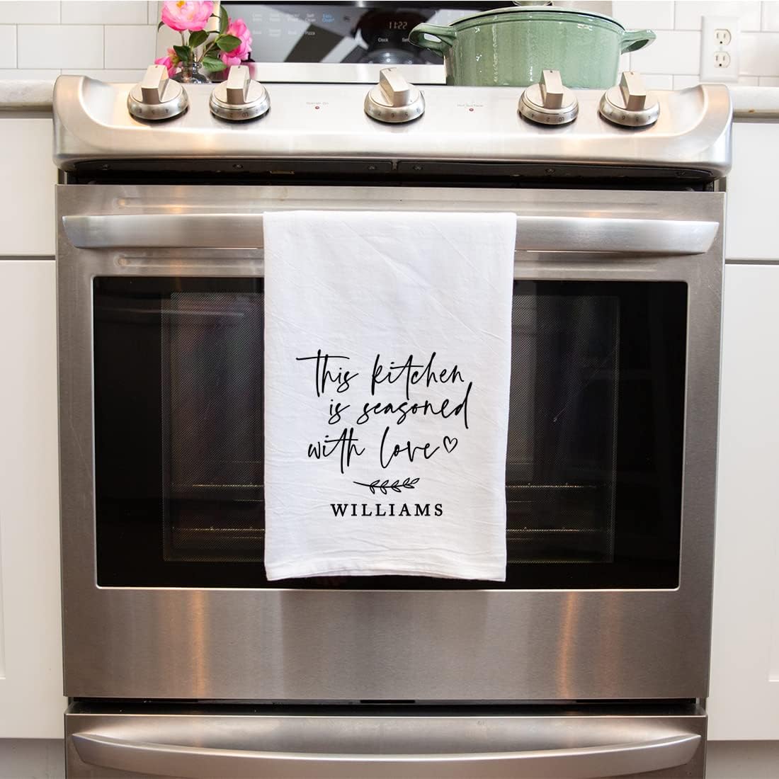 Andaz Press Personalized Kitchen Towel, Flour Sack Tea Towel, This Kitchen is Seasoned with Love Custom Family Name Kitchen Gifts Birthday for Mom Daughter Grandma, Housewarming Gift for Couples