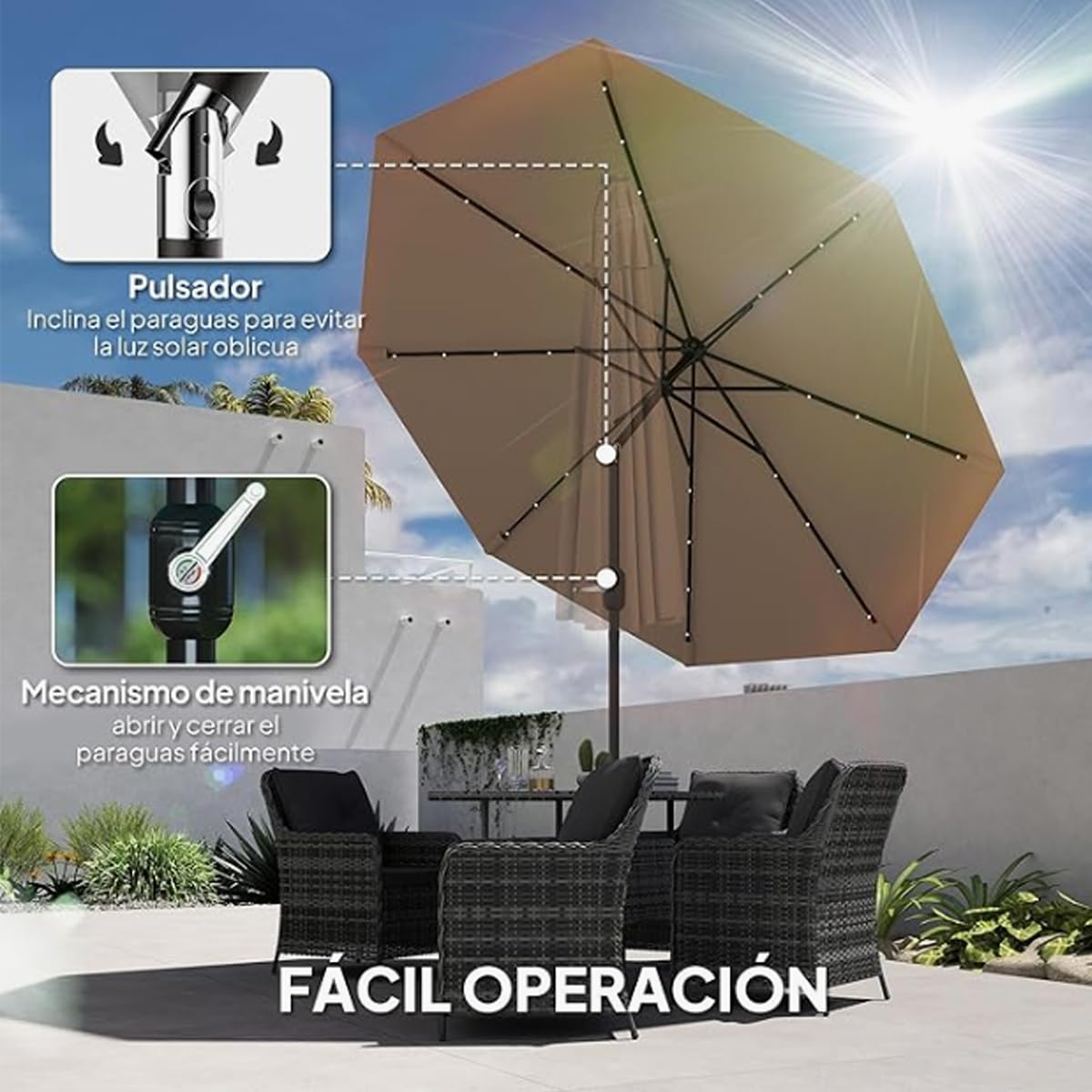 Ombrellone da Spiaggia Antivento Parasole da Esterno Ombrellone da Giardino Inclinabile con Manovella Ombrellone da Balcone Sonnenschutz Green with Base 3m