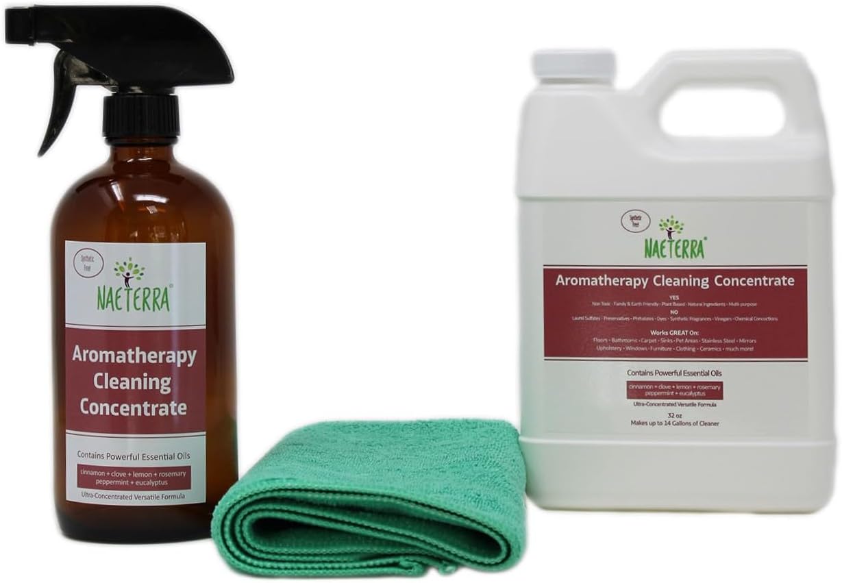 Naeterra Aromatherapy Cleaning Starter Kit - 32oz Plant-Based Concentrate, 16oz Amber Bottle, Funnel & Cloth - Legendary Apothecary Botanical Blend - No Synthetics - 64 Refills