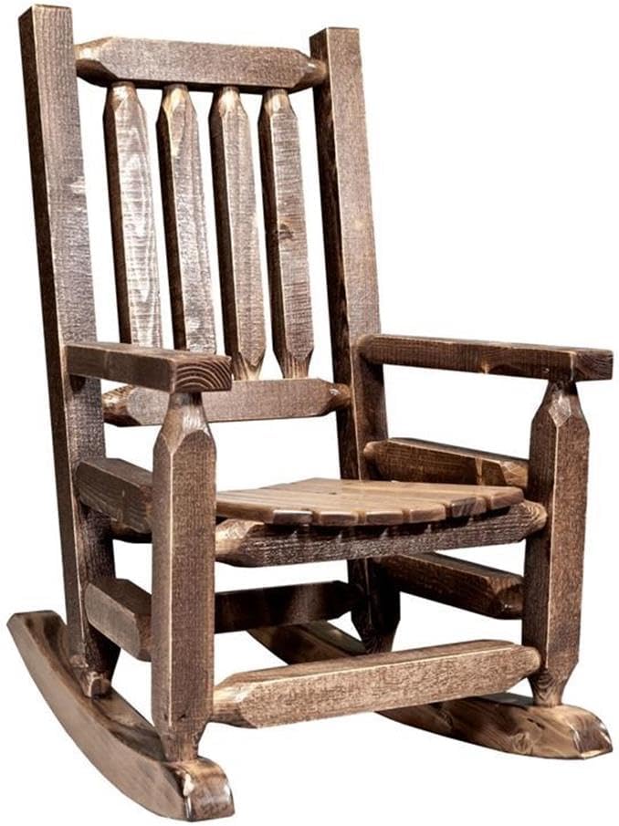 Pemberly Row 12" Modern Transitional Wood Child's Rocking Chair, Stained Brown Finish, Solid Lodge Pole Pine, Rustic Handcrafted Design, 31" H x 20" W x 26" D, Heirloom Quality Kids Room Seating