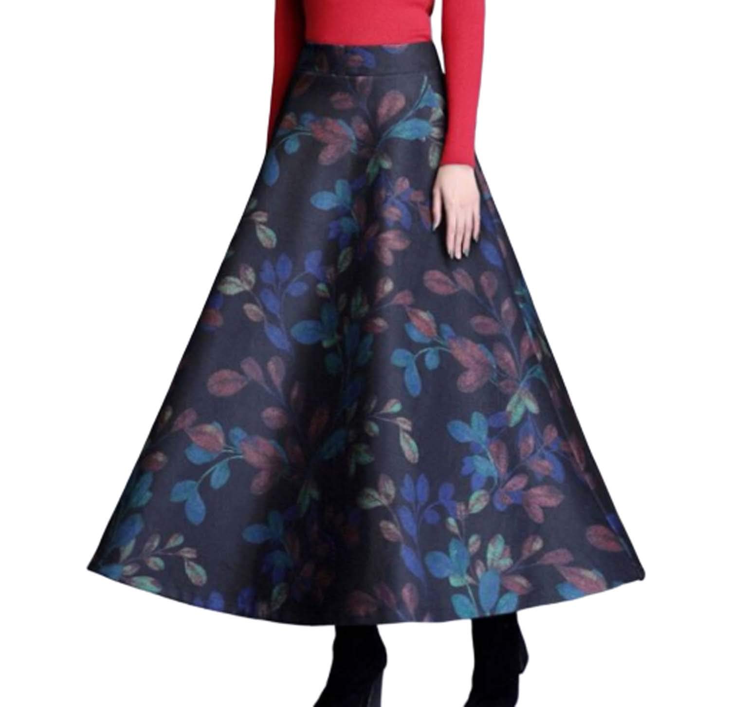 Femmes Plaid Woollen Jupes Taille Haute A-Ligne évasé Jupe Longue Automne Hiver Chaud Laine Retro Big Swing Maxi Jupes