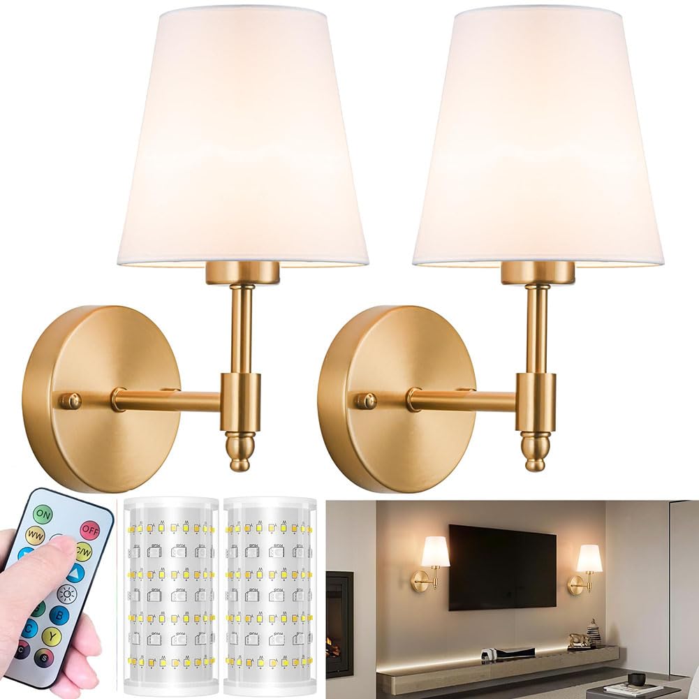 Akku Wandleuchte Innen Stoffschirm Wandlampe mit Fernbedienung Ohne Stromanschluss Wandleuchten Dimmbare Leinen Lampenschirm Nachttischlampe Batterie USB Aufladbare 2 Stück Leselampe Wand LED RGB