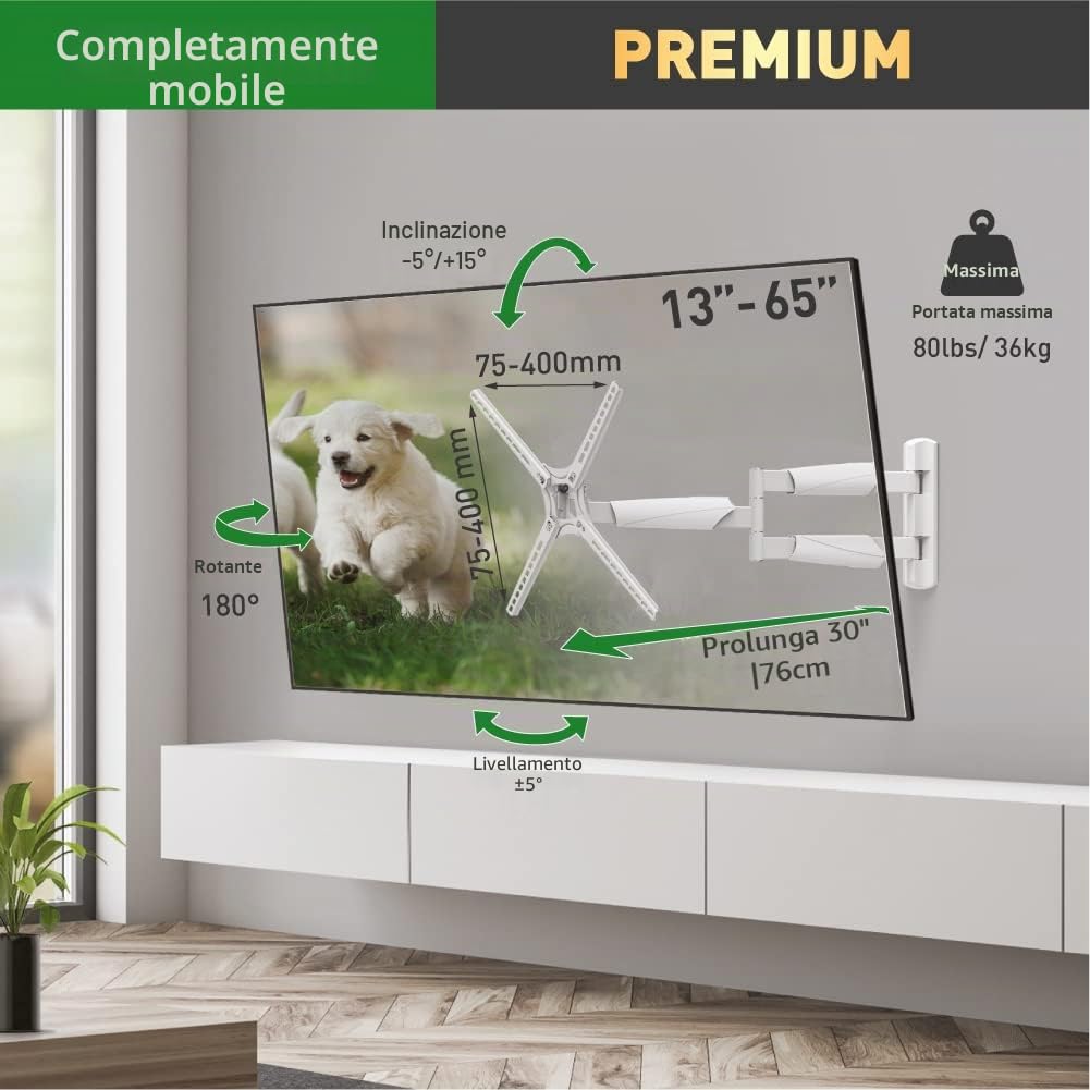 Barkan Supporto da parete per TV bianco lungo 76 cm, staffa per schermo piatto/curvo a 4 vie con movimento completo da 13-65 pollici, supporta fino a 36 kg, ultra estensibile, adatto a LED OLED LCD