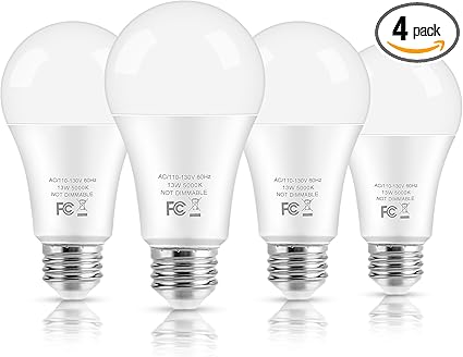 LED Light Bulbs, 100 Watt Equivalent A19, 13W 5000K Daylight White 1500 Lumens Non-Dimmable Bright E26 Edison Medium Screw Bulbs for Home Bedroom Kitchen Living Room Office Lamp, 4-Pack