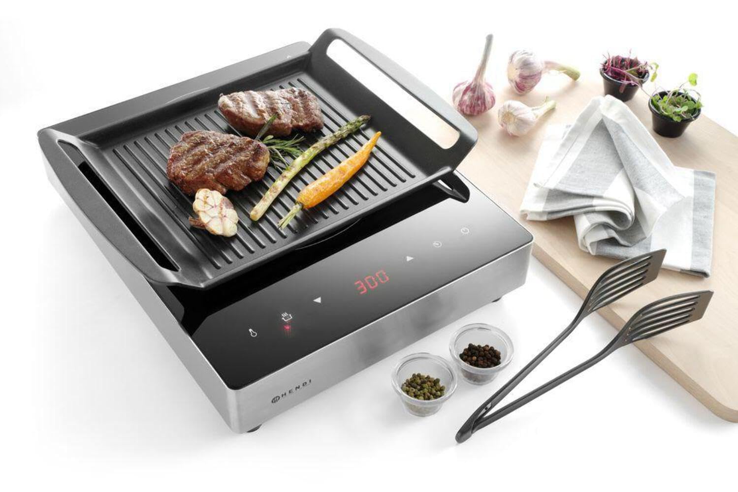 HENDI Bistecchiera Antiaderente, con fondo a induzione, griglia per piastre ad induzione, piastra, padella per grigliare, per grill, con maniglie, 390x260x(H) 35 mm, alluminio in fusione