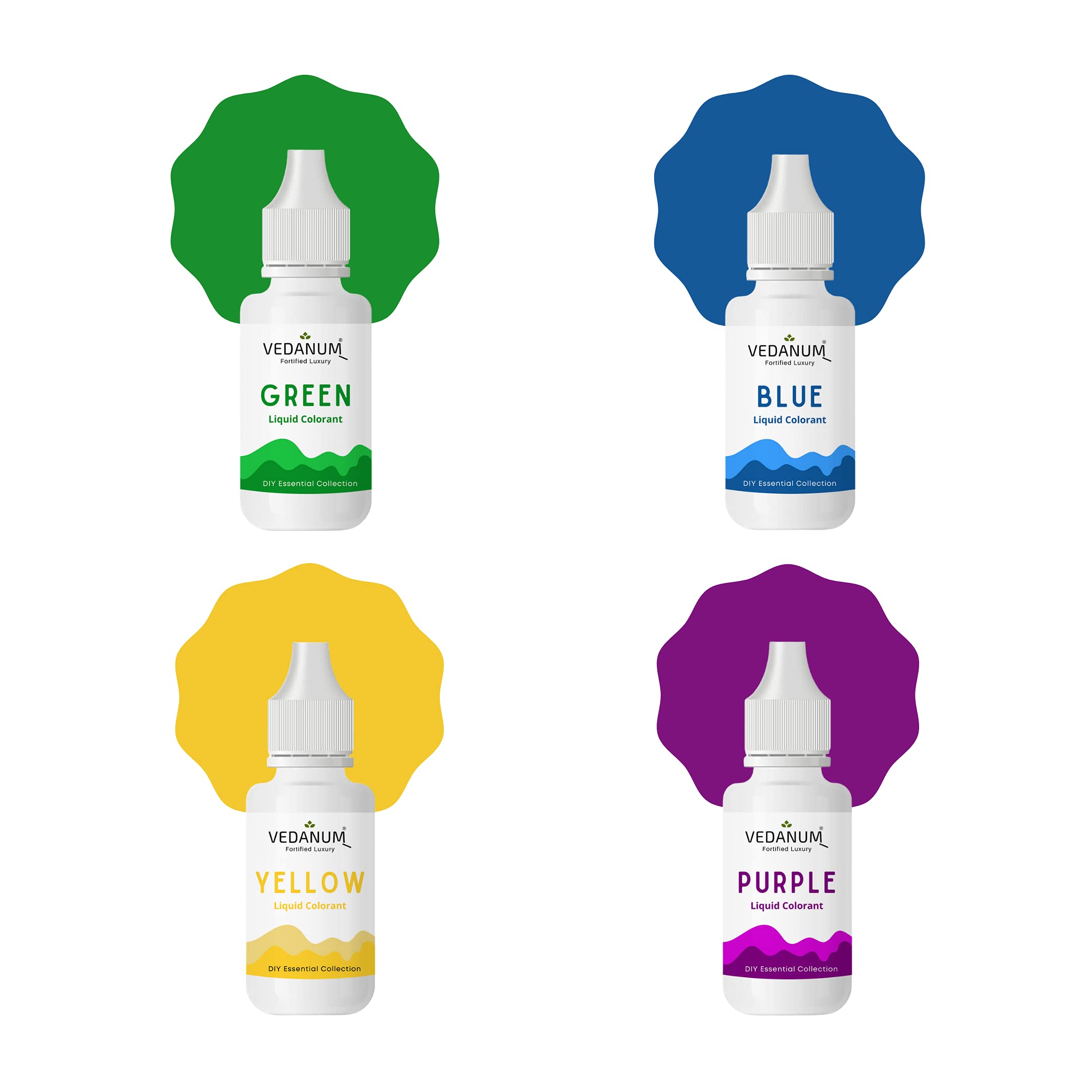VEDANUM DIY Premium Liquid Colors for Soap Making, Bath Bombs, Bath Salts, Cosmetics, Skin Friendly Pigments, Pack of 4 (15 ml Each) Green, Blue, Yellow, Purple