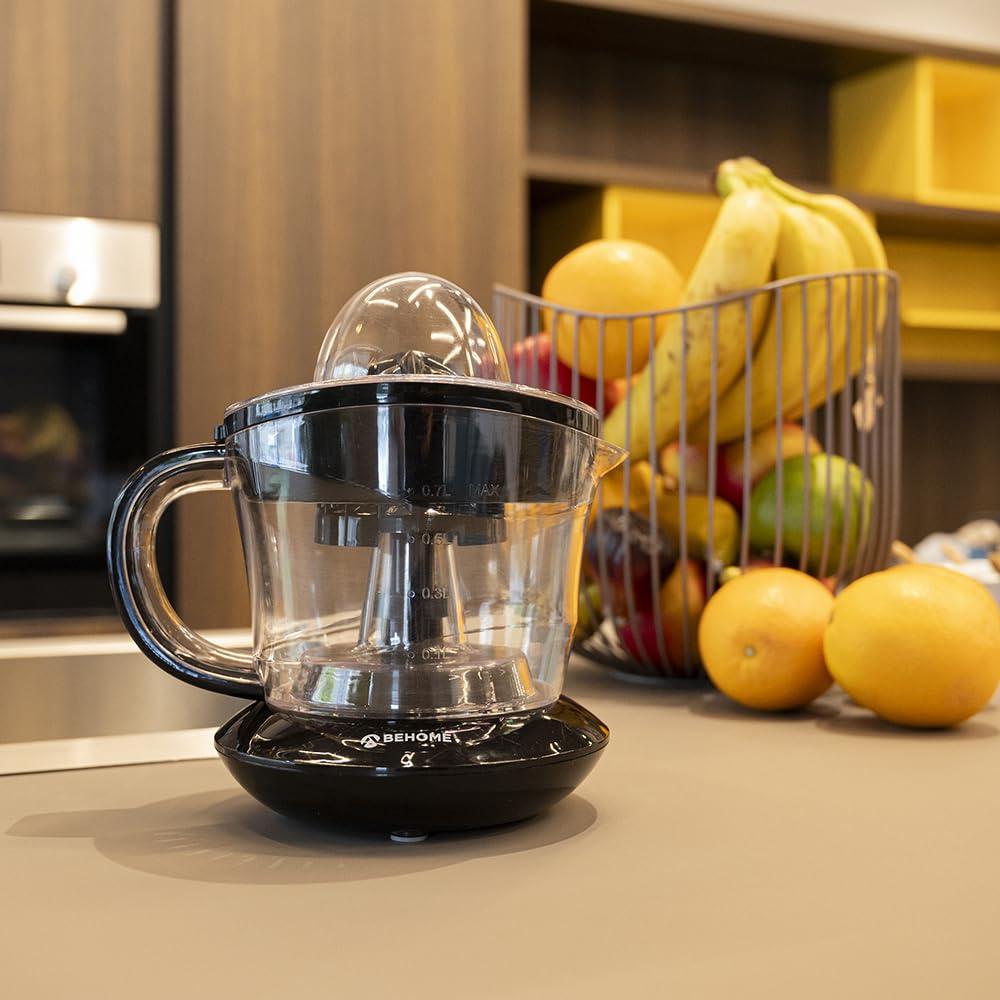 Behome Presse agrumes électrique, petite contenance 700 ml, en plastique, mouvement bidirectionnel, avec double cône de pressage, carafe graduée, noir