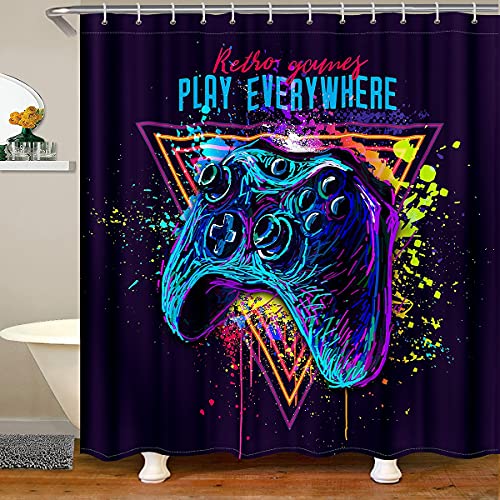 Rideau de douche moderne pour joueur - Avec manette de jeu vidéo - Étanche - Avec 12 crochets - Pour salle de bain, salle de jeux - 182,9 cm de large x 182,9 cm de long Cover