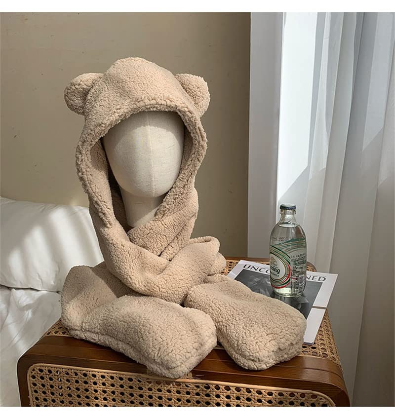 Women Girls 3-in-1 Bear Hooded Scarf Warm Plush Mitten Scarf Set Furry Animal Ear Hat Thick Long Scarf with Pocket Gloves4