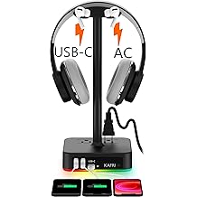 KAFRI RGB 耳机支架,带 USB A&C 充电器 桌面游戏耳机支架 衣架,带 3 个 USB 充电端口和 2 个插座 - 适用于 Gamer 桌面游戏耳机配件 男朋友礼物