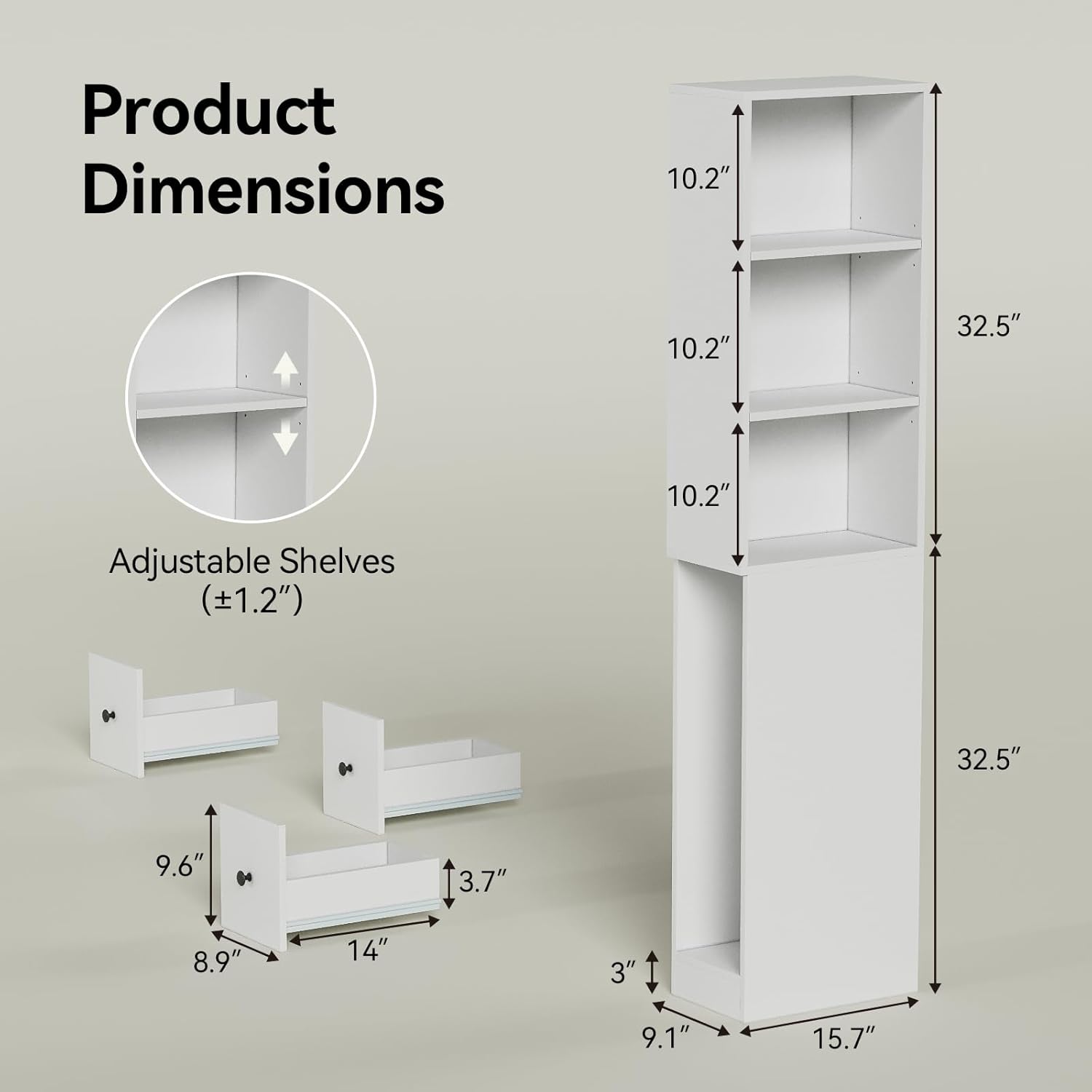 ARTETHYS Storage Cabinet Tall Narrow Bathroom Organizer with 3-Level Adjustable Shelves Slim Free Standing Space Saver for Living Room Kitchen, Classic White