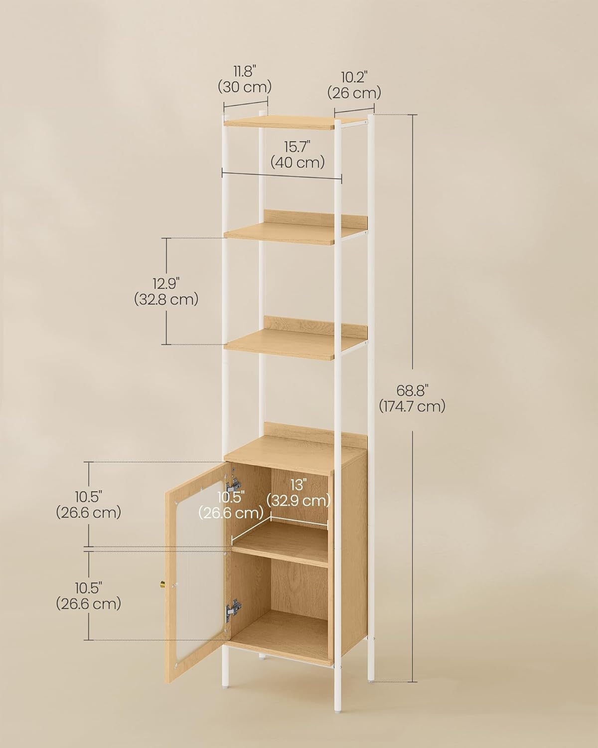 VASAGLE 6-Tier Bookcase, Slim Bookshelf with PC Door, Freestanding Storage Shelf with Metal Frame, Adjustable Shelf, for Living Room, Oak Beige and Pearl White ULLS123W57