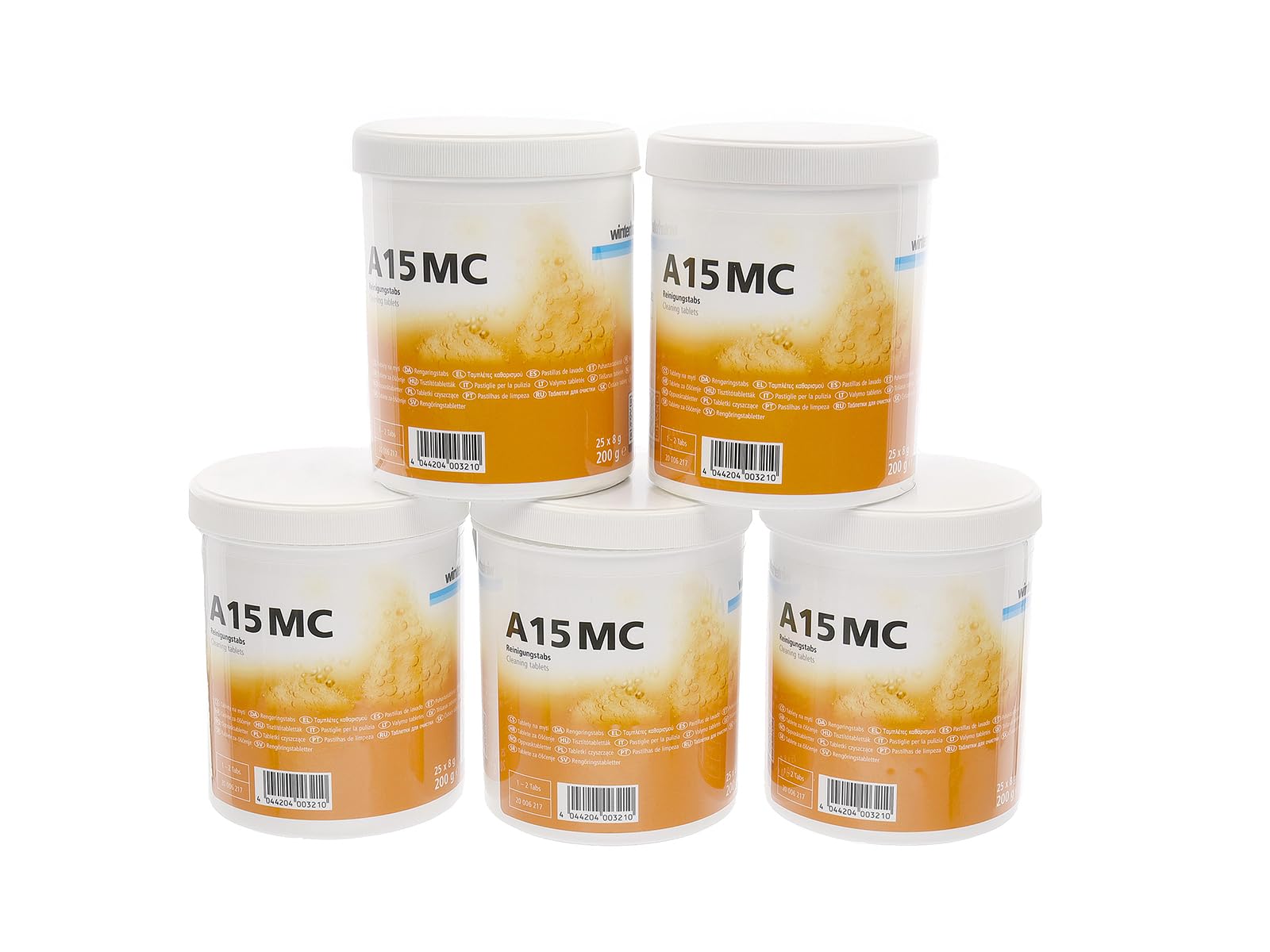 Winterhalter A15 MC Compresse detergenti per lavastoviglie 20006217 Set di 5 lattine da 25 compresse detergenti per la ristorazione professionale, rimuove calcare, depositi e odori –A15 MC