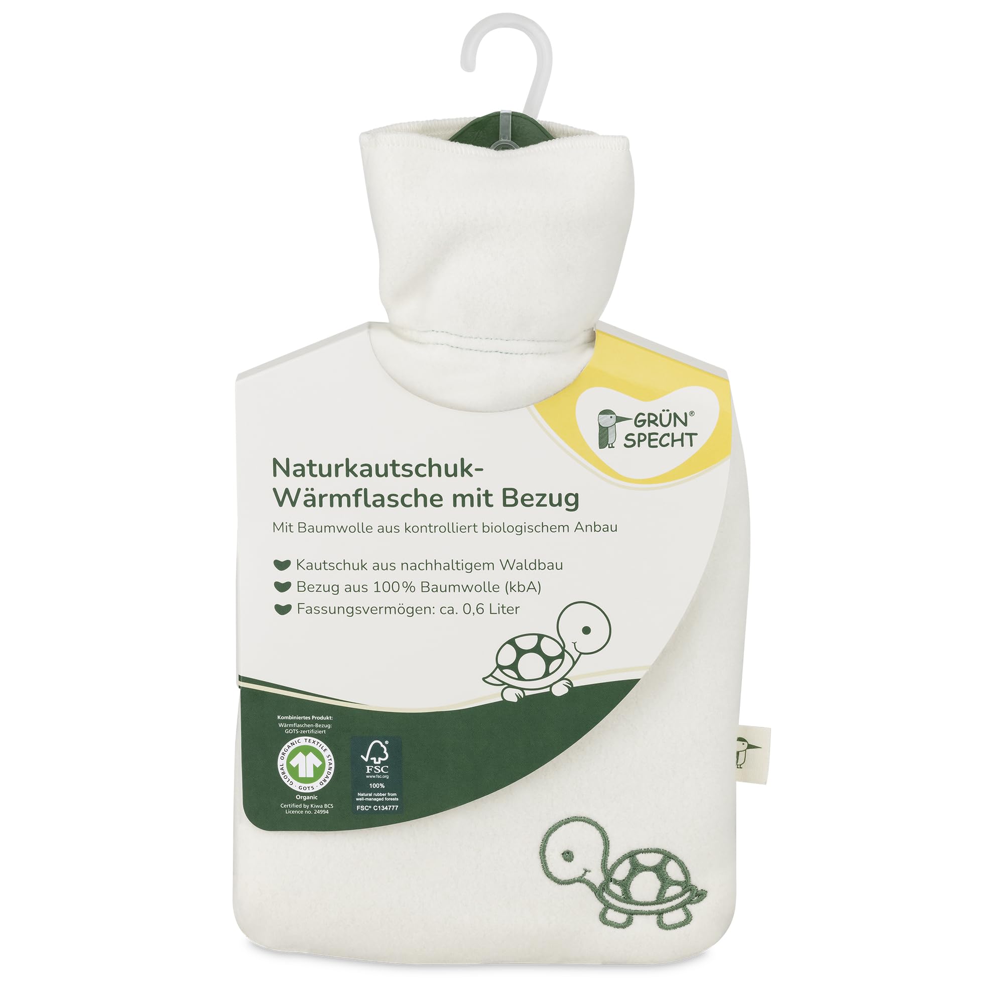 GRÜNSPECHT Botella de agua caliente de caucho natural con funda ecológica blanca 100% algodón GOTS, pequeña, para niños y adultos (644-00)