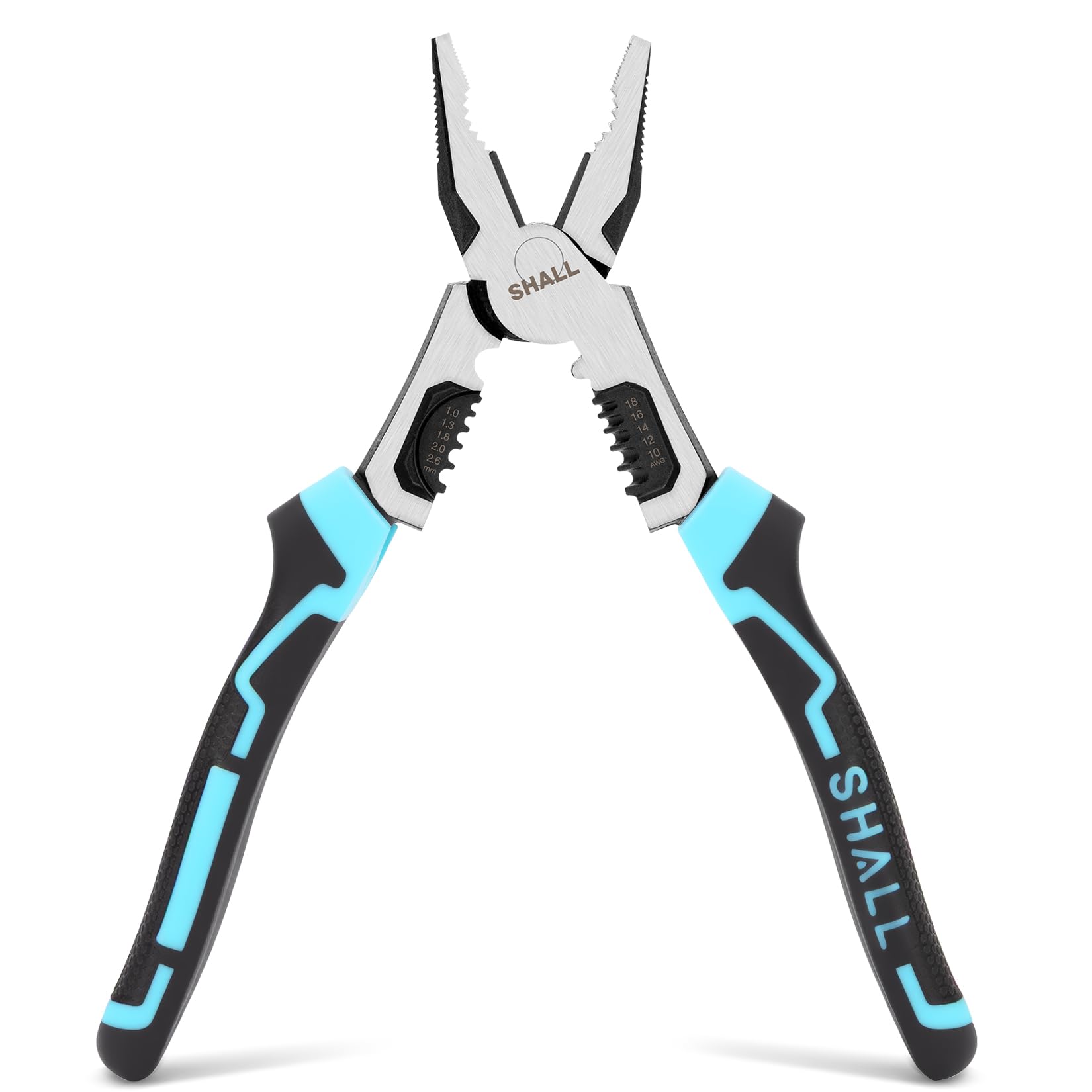SHALL Alicates combinados 5 en 1 , que incluyen pelacables/crimpadora/cortacables/llave inglesa, alicates de electricista de 8 pulgadas, adecuados para cables de 18-10 AWG (1,0-2,6 mm).