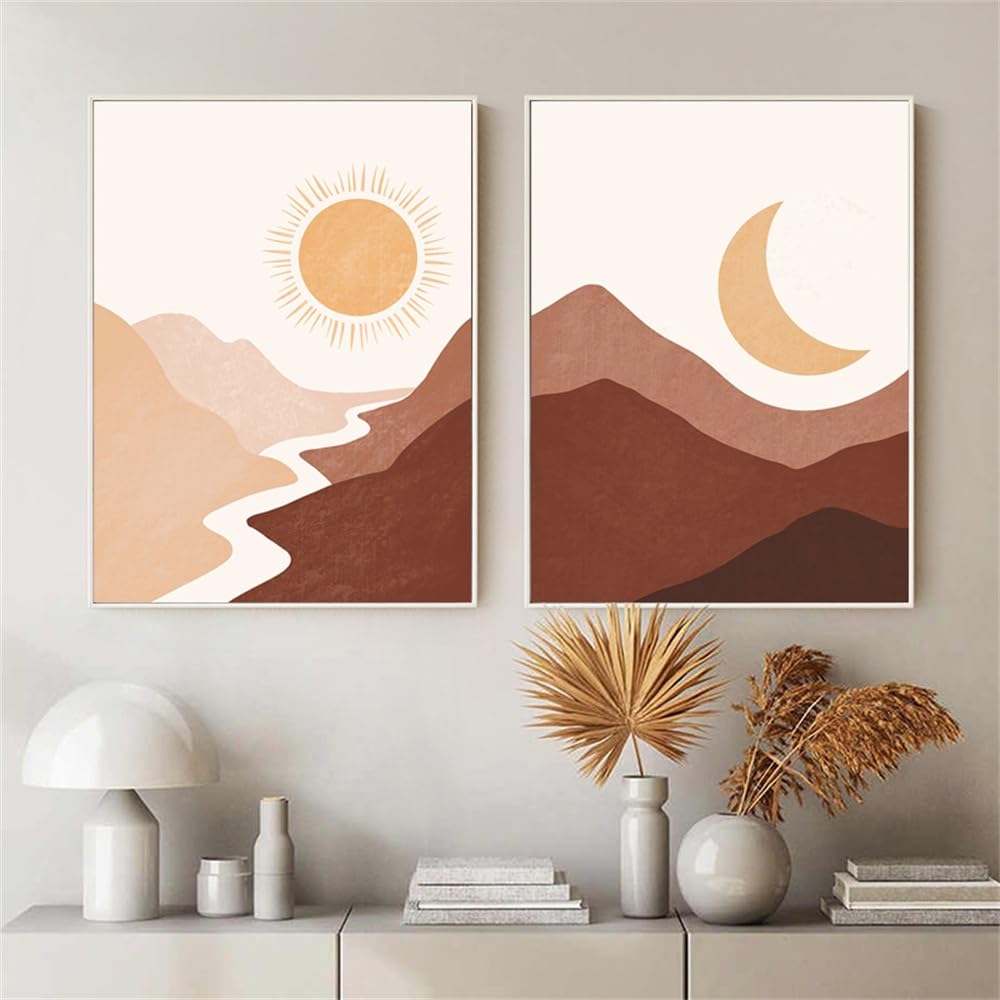WBYZAC 2 Pieces Poster-Abstract Landscape Wall Art Sun Moon Canvas Painting Nordic Poster Mountain Texture Wall Pictures for Living Room Kitchen Office Boho Decor-60 * 70cm (No Frame)