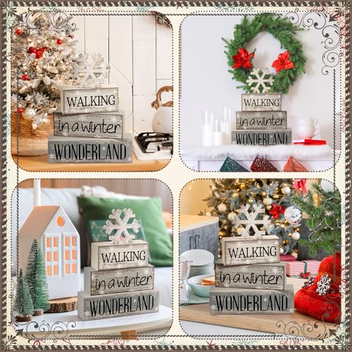 Image of Moucuny 4 Pcs Christmas Table Decorations Wooden Snowflake Decor Winter Tiered Tray Decor Rustic Snow Signs Block Gift Farmhouse Christmas Centerpiece for Wonderland Party Kitchen Shelf Home