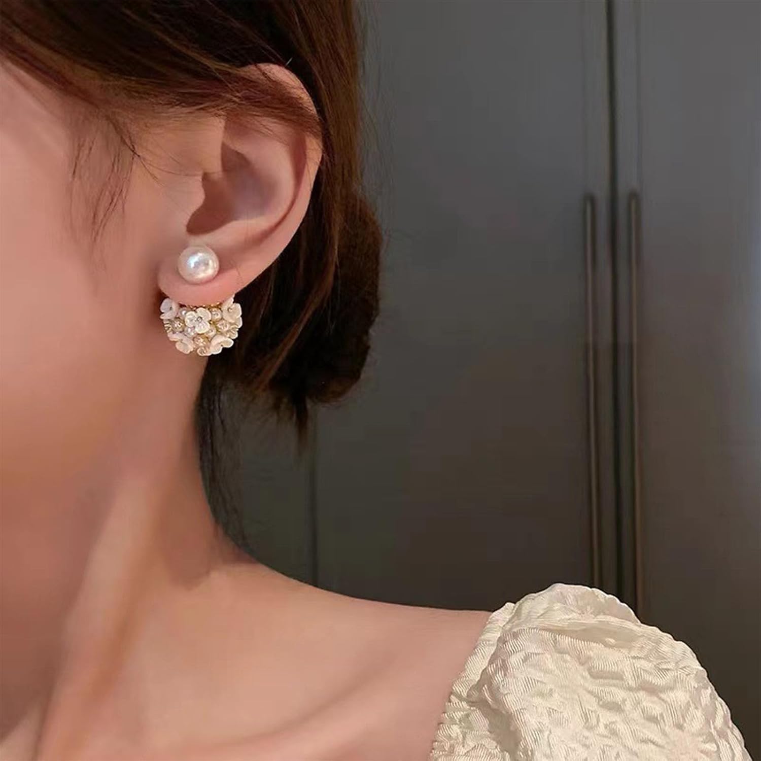 Pearl Flower Ball Earrings for Women, Double Sided, Shell Pearl, Big