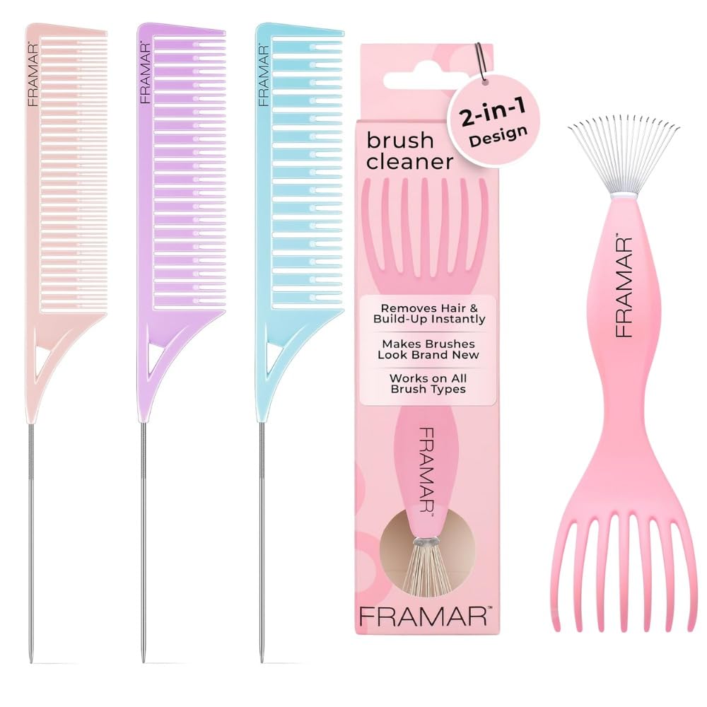 FRAMAR Premium Hair Brush Cleaner Tool – Hairbrush Cleaner Tool, Brush Cleaner Tool for All Types, Comb Cleaner - Professional Highlighting Comb with Parting Tip, Hair Dye Comb