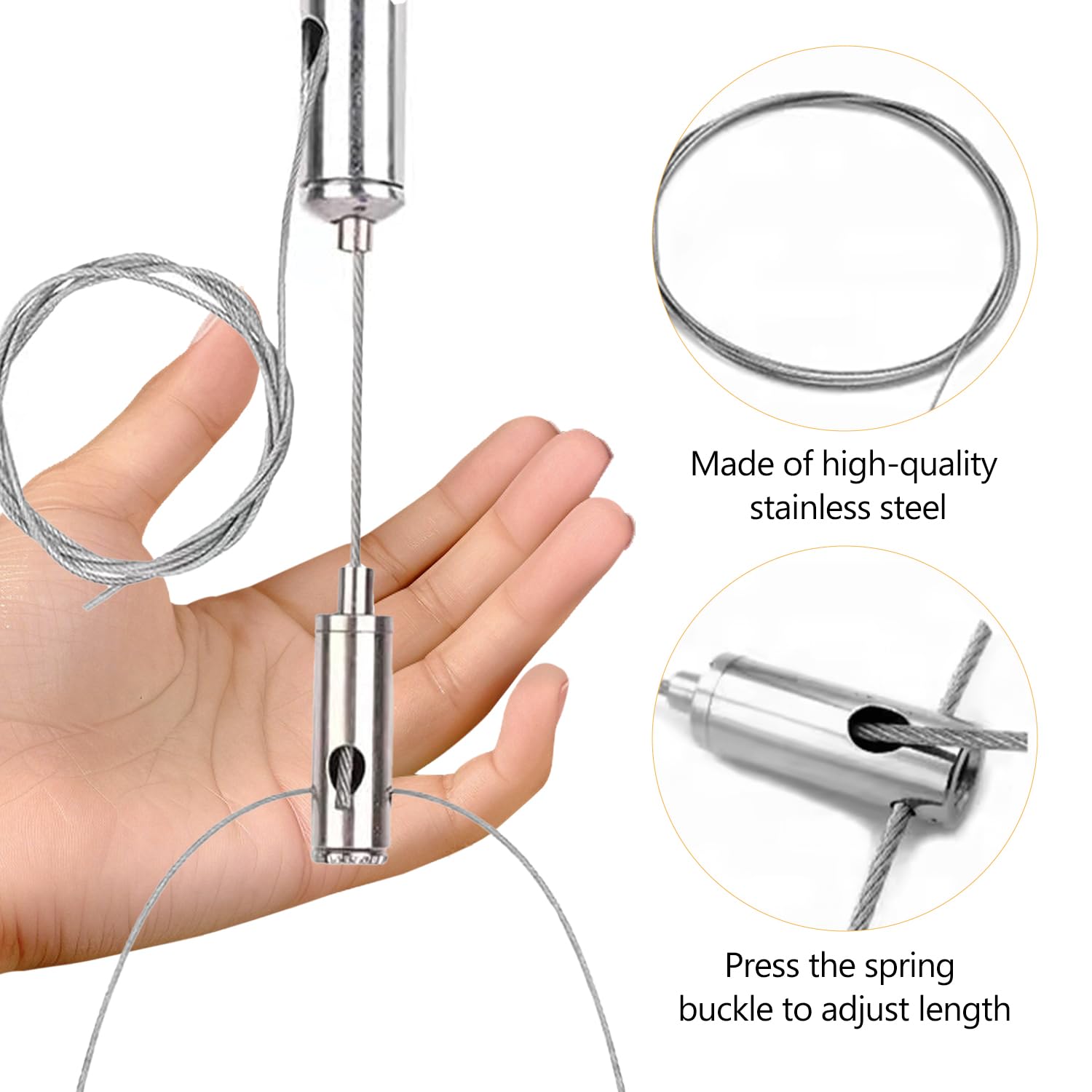 4 Câbles Suspension Acier Réglables - Pour LED, Lampes, Panneaux, Décoration Murale (Argent)