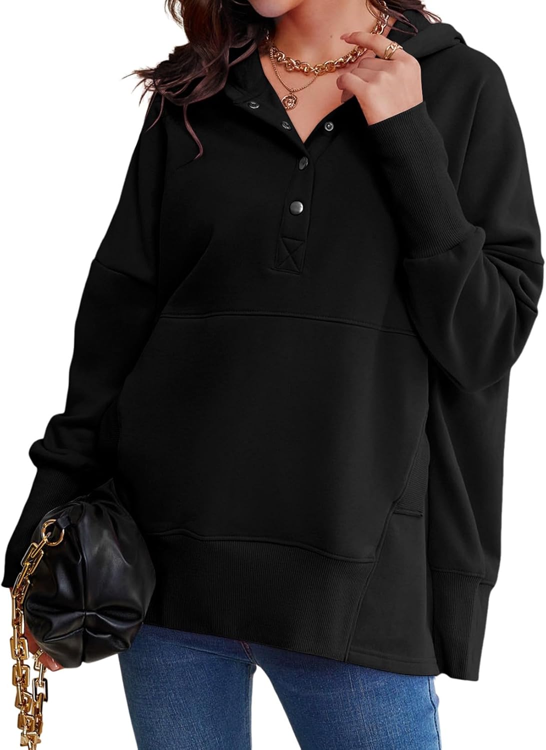 AlvaQ Womens Oversized Sweatshirts Hoodies Fleece Button Neck Hooded Tops Casual Pullover Tunics Winter Outfits 2025