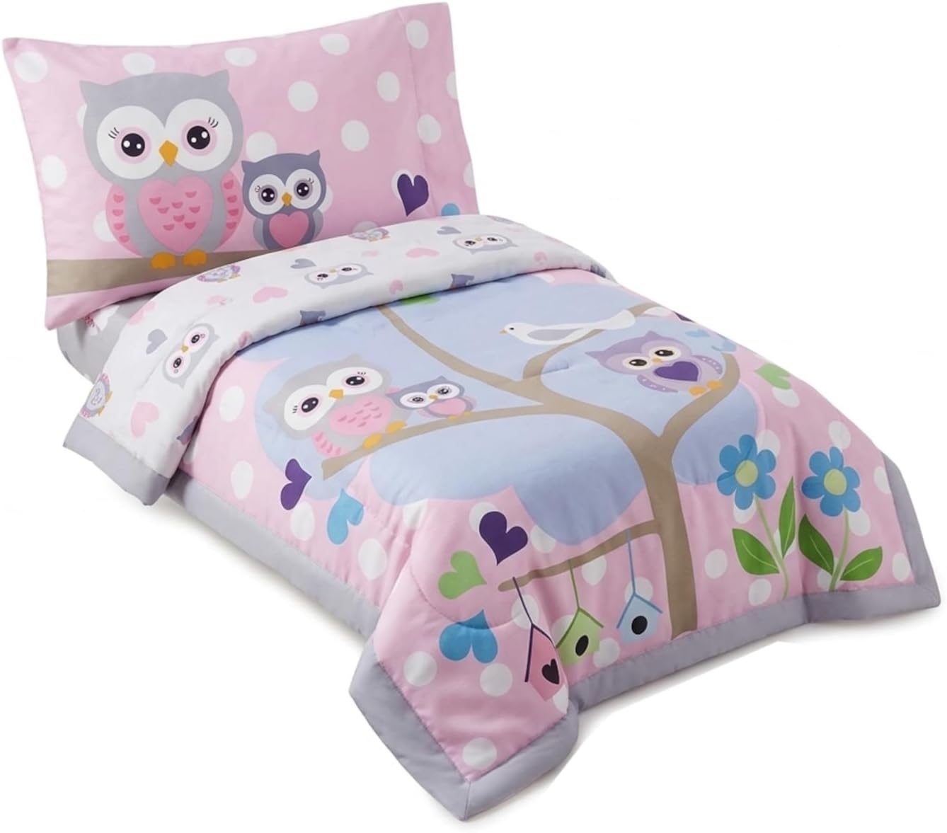 EVERYDAY KIDS 4 Piece Toddler Bedding Set - Owls - Soft 100% Cotton Percale - Includes Comforter, Flat Sheet, Fitted Sheet and Reversible Pillowcase