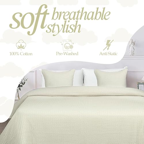 Miniatura 5 de Manta de cama de 100 % algodón de alta calidad, tamaño King, color crema marfil, ligera, transpirable, perfecta para usar en capas, cama, sofá o