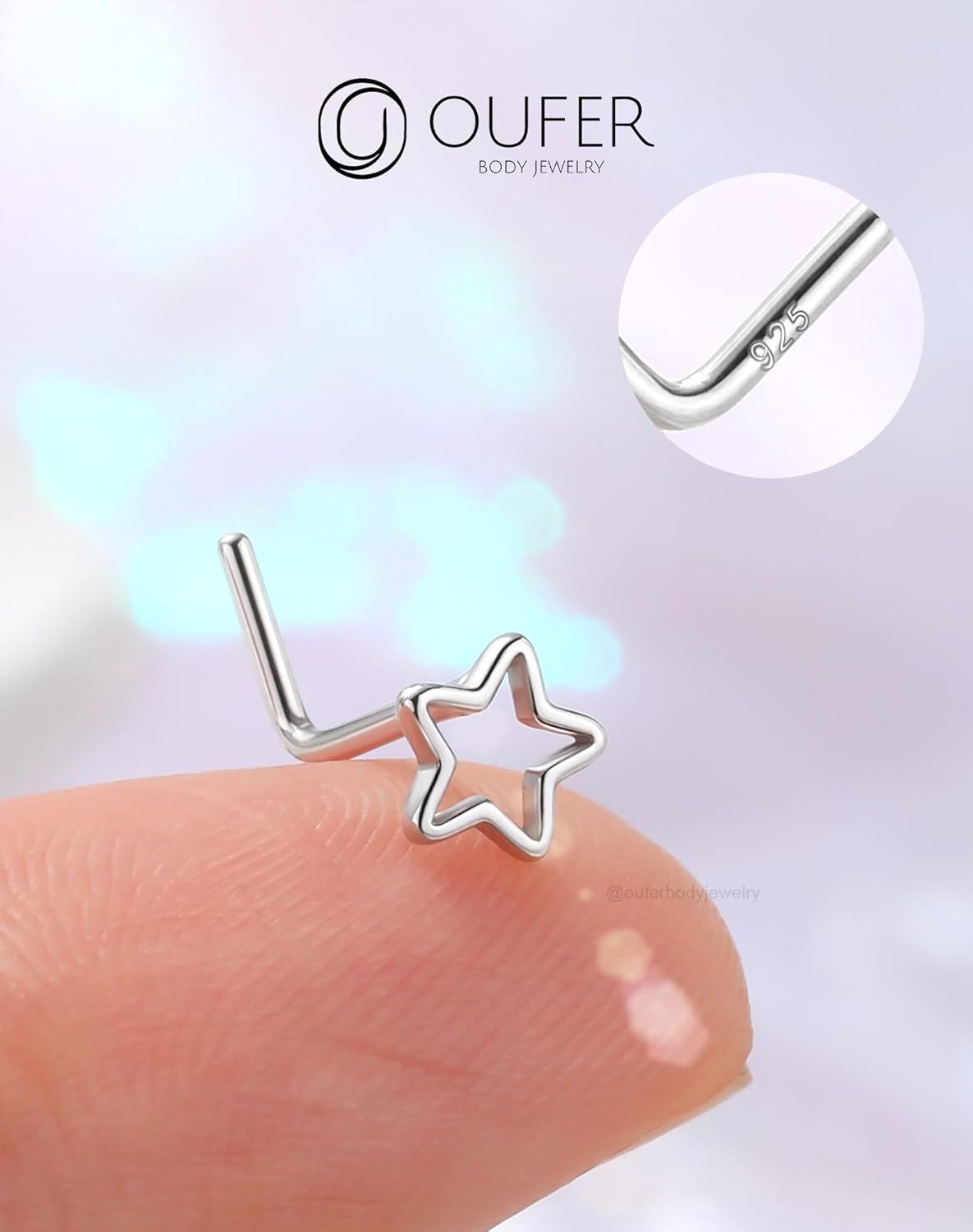 OUFER 925 Sterling Silver Nose Rings, Nose Studs For Women, Cute Nose Nostril Piercing Jewelry, L-Shaped 20G Silver Nose Rings Studs - Image 3