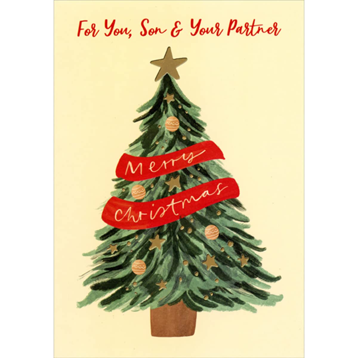 Designer Greetings Tree with Gold Foil Stars and Two Red Banners on Light Background Christmas Card for Son and Partner