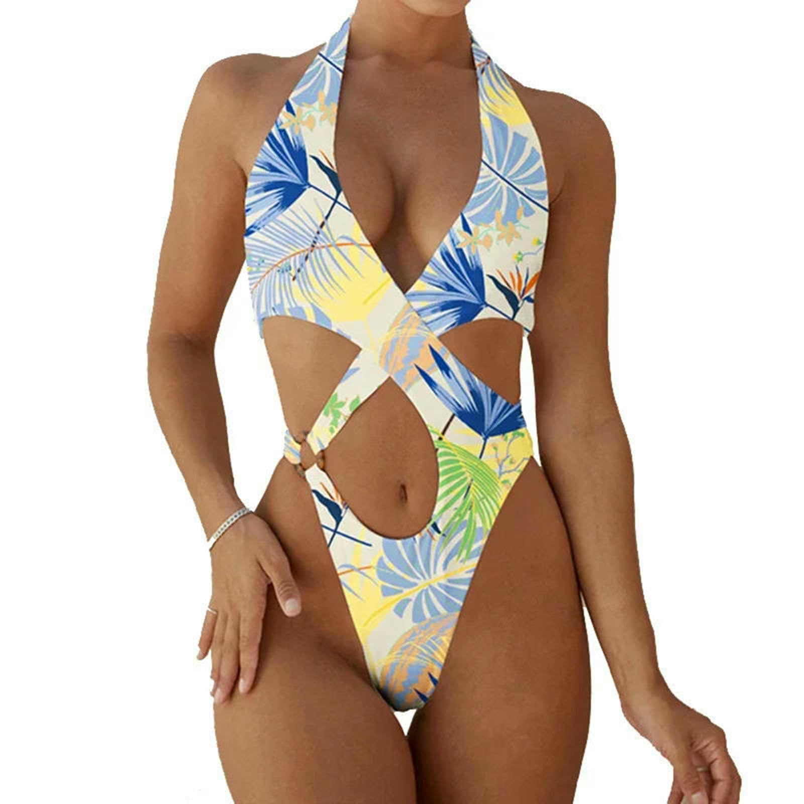 Maillot de bain femmes rouge floral à licou découpé b889print7