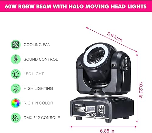 Miniatura 2 de Luces de cabeza móvil de 60 W, luces LED de escenario, haz RGBW, tira de ciclo de halo para DJ, activación de sonido DMX 512 para eventos, fiestas,