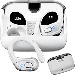 Basike Fone de Ouvido Sem Fio Esportivo BLuetooth 5.3 TWS,Tela LED Dupla, 3 Tamanhos Tampões Ouvido Intercambiáveis, Suporta chamadas de voz, adequadas para Android e IOS (Branco)