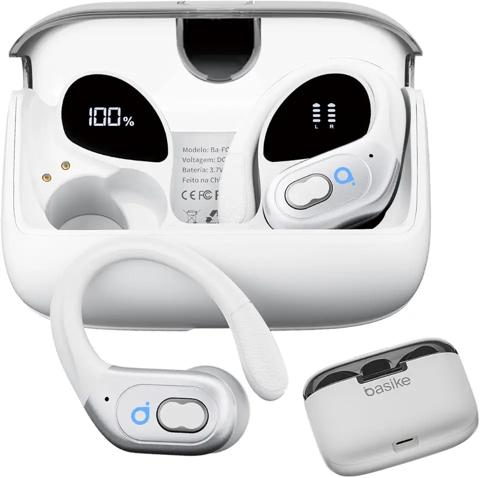 Basike Fone de Ouvido Sem Fio Esportivo BLuetooth 5.3 TWS,Tela LED Dupla, 3 Tamanhos Tampões Ouvido Intercambiáveis, Suporta chamadas de voz, adequadas para Android e IOS (Branco)