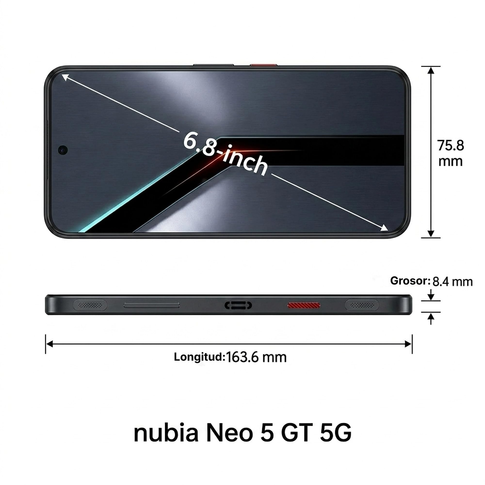 ZTE Nubia Neo 5 GT 5G, Smartphone Gaming con IA, 12GB+256GB, Gatillos Laterales, Ventilador físico Incorporado, Pantalla AMOLED 6,8" 1.5K 144Hz, 6210mAh Doble celda, Android 16, Negro (Phantom Black)
