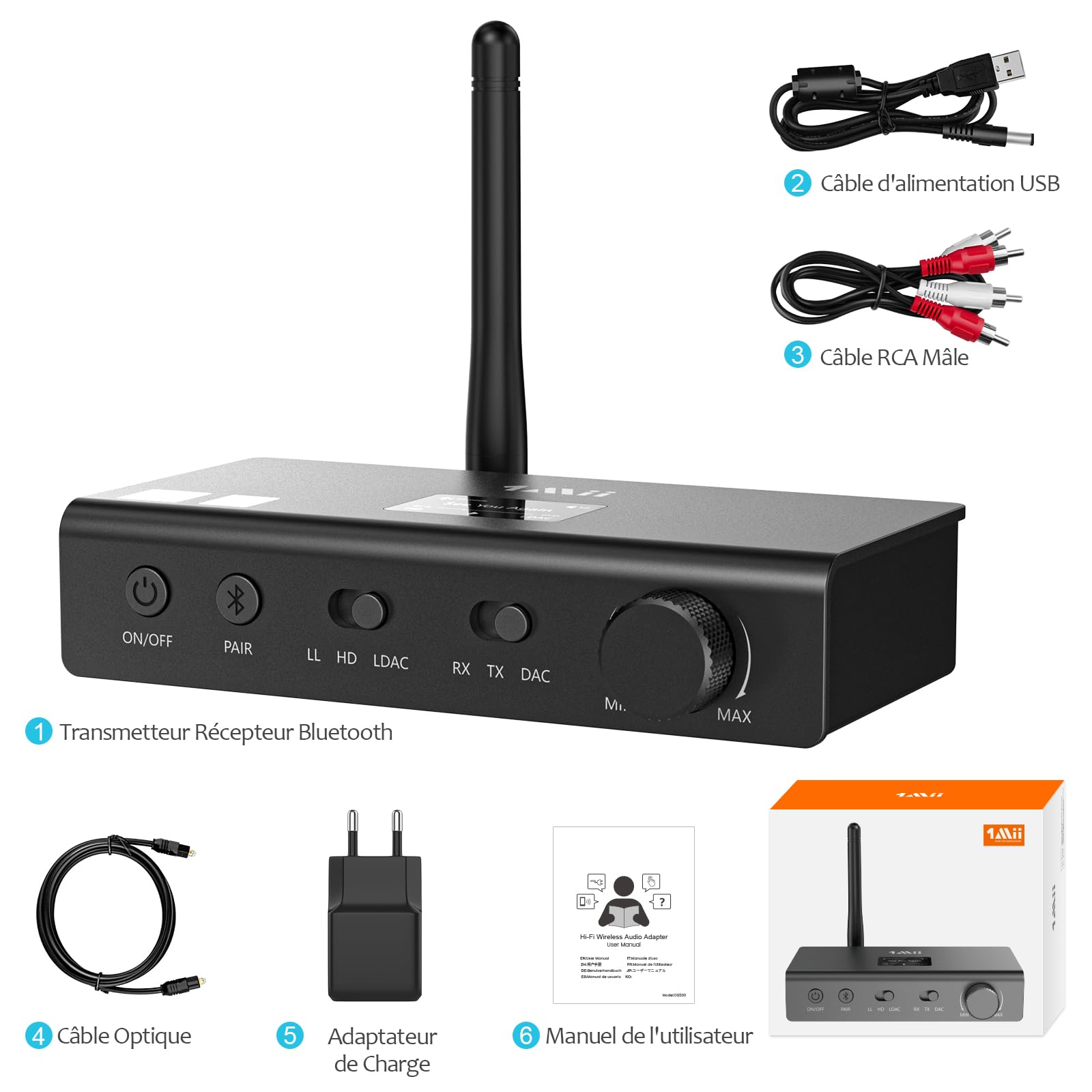 1Mii DS700 LDAC Transmetteur Récepteur Bluetooth avec DAC Audiophile | HiFi Adaptateur Audio sans Fil pour TV/Chaîne Stéréo, aptX HD/LL, Diffusion vers Stéréo Domestique Vintage/Casques Bluetooth