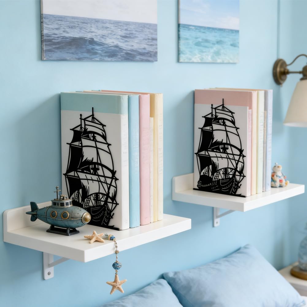 Peacoblue Metal Bookends for Shelves, Modern Decorative Heavy Duty Study Book Ends Stoppers for Office Desk Shelf, Room 5.3"x4.3"x7.9" Cast Iron Tall Bookends 1 Pair (Pirate Ship and Sailboat)