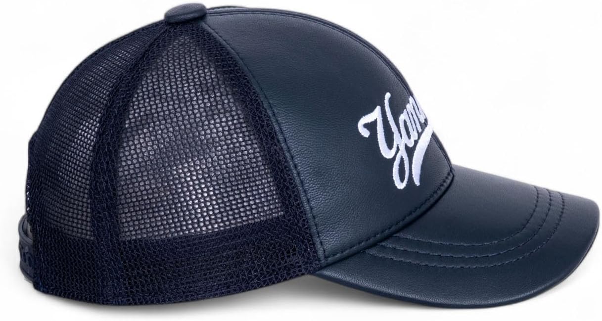 METELLINO Yankees Genuine Leather Trucker Hat – Premium Navy Blue Snapback Baseball Cap with Mesh Back and White Embroidered Logo for Men & Women